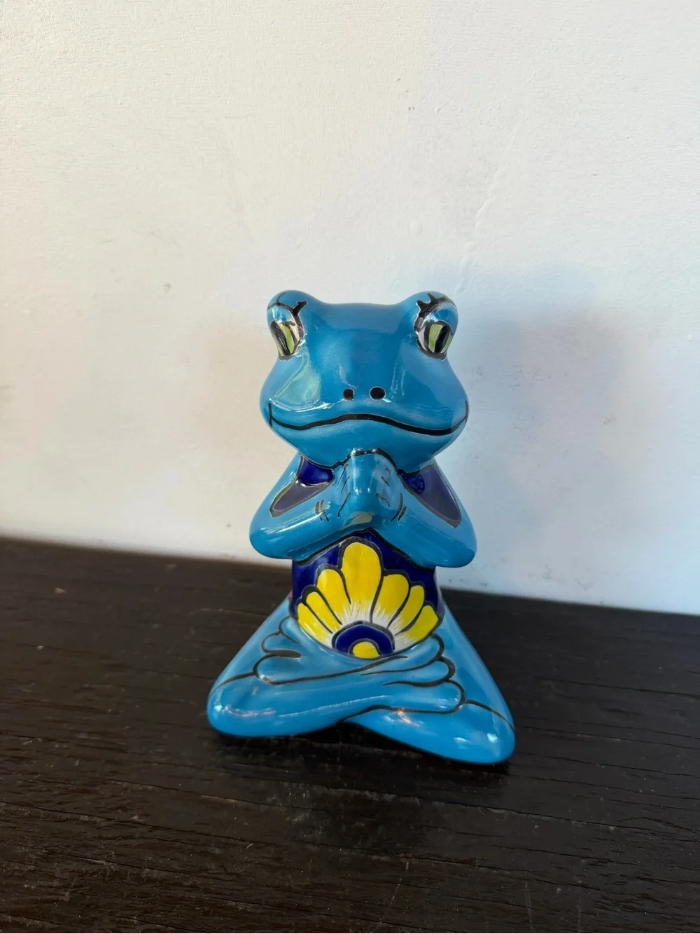 Blue Talavera Yoga Frog Figurine with Yellow Flower Accent